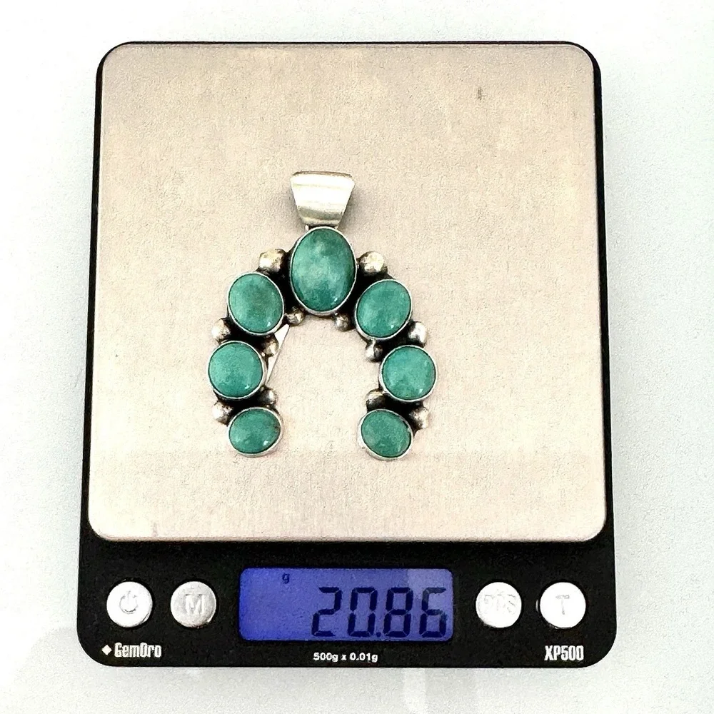 Turquoise Naja Navajo Pendant 2.25in Signed Largo Sterling Matte Squash Blossom